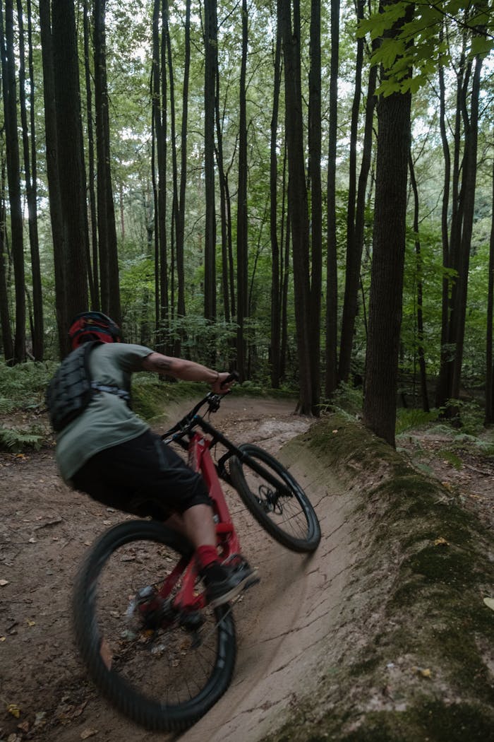 Dynamic mountain biking experience captured in dense forest trail.